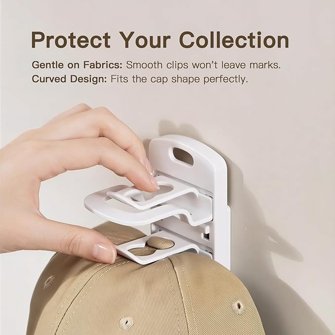 Hat Organizer for Wall, 2 Pack Adhesive Hat Rack for Baseball Caps, No Drilling or Wall Mount Cap Holder with Hooks, Over the Door Hat Storage Organizer for 20 Caps, Closet Storage White