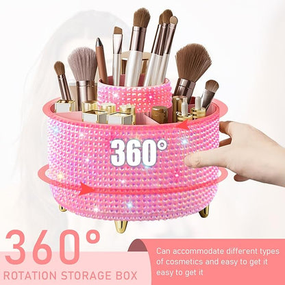 Diesisa Bling Makeup Organizer: 360°Rotating Bling Rhinestone Cosmetic Display Cases -Diamond Makeup Brush Holder - 5 Slot Cup for Cosmetics - Bling Lipstick Organizer - Gift for Women - Diamond Pink