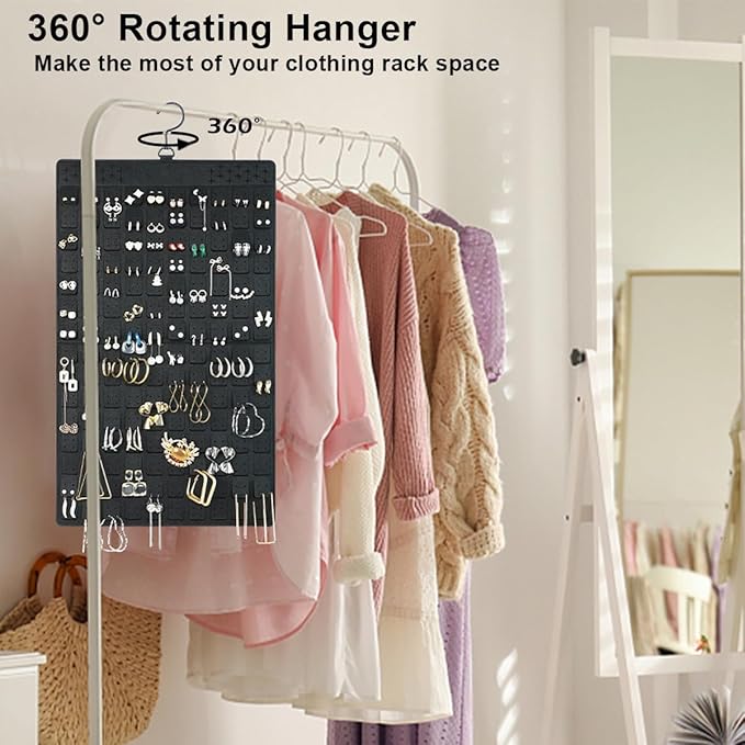 Dual Sided Hanging Jewelry Organizer with Hanger for Small Closet,Tangle Free Necklace Holder Over Door Large Capacity 300 Earrings+30 Necklaces, Soft Sturdy Felt Material,Gift Ready,1 Pack