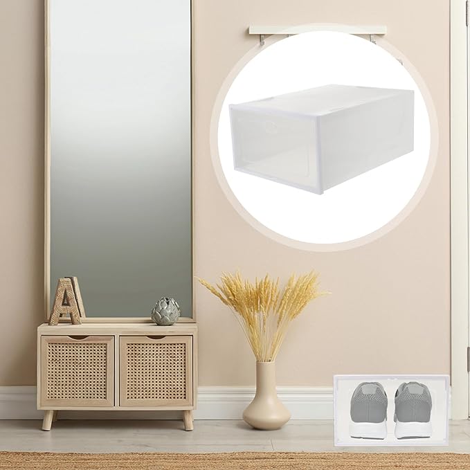 Plastic Shoe Storage Box 2pcs, Drawer-type Shoe Organizer 35x24x14.5cm, Stackable Creative Storage Case for Sneakers and Boots, Beige