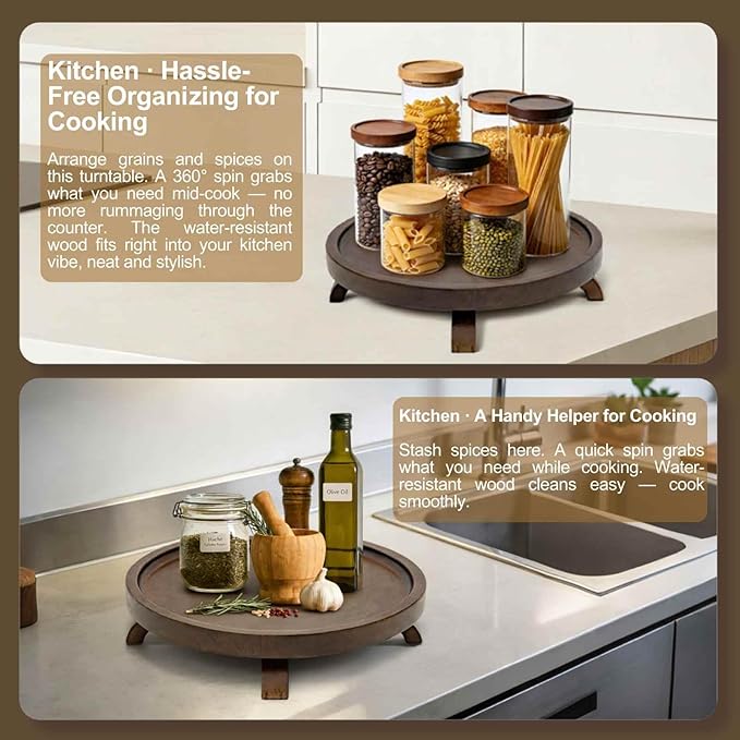 12" Solid Wood Lazy Susan Turntable Organizer for Cabinet, Pantry, Kitchen Countertop - Farmhouse Style with Raised Feet & Water-Resistant Coating, Rustic Bathroom Vanity Tray and Dining Table Decor