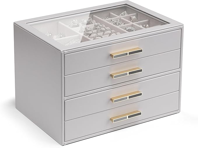 VLANDO 4 Layer Jewelry Box for Women, Glass Lid Jewelry Organizer with 4 Drawers for Necklaces Rings Earrings Bracelets - Grey