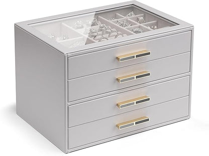 VLANDO 4 Layer Jewelry Box for Women, Glass Lid Jewelry Organizer with 4 Drawers for Necklaces Rings Earrings Bracelets - Grey