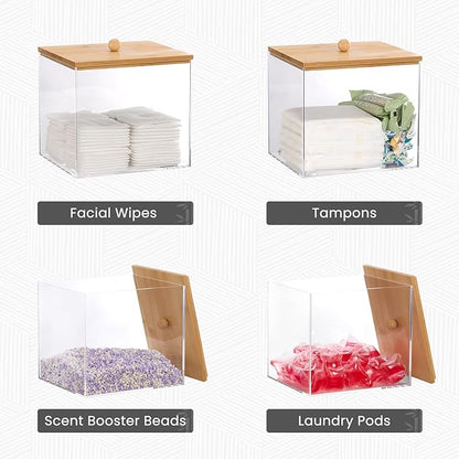 Puricon Acrylic Disposable Facial Towels Holder, Clear Storage Bin with Wood Lid Compatible with Clean Skin Club Towel (NOT Included), Face Towelettes Container for Bathroom Counter -Original