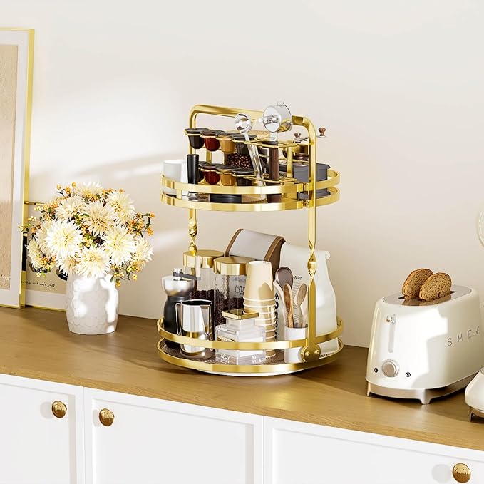 360 Rotating Makeup Organizer Vanity, Gold Perfume Organizer for Dresser, 2 Tier Bathroom Organizer Countertop, Lazy Susan Spinning Perfume Stand for Women, Skincare Storage with Brush Holder