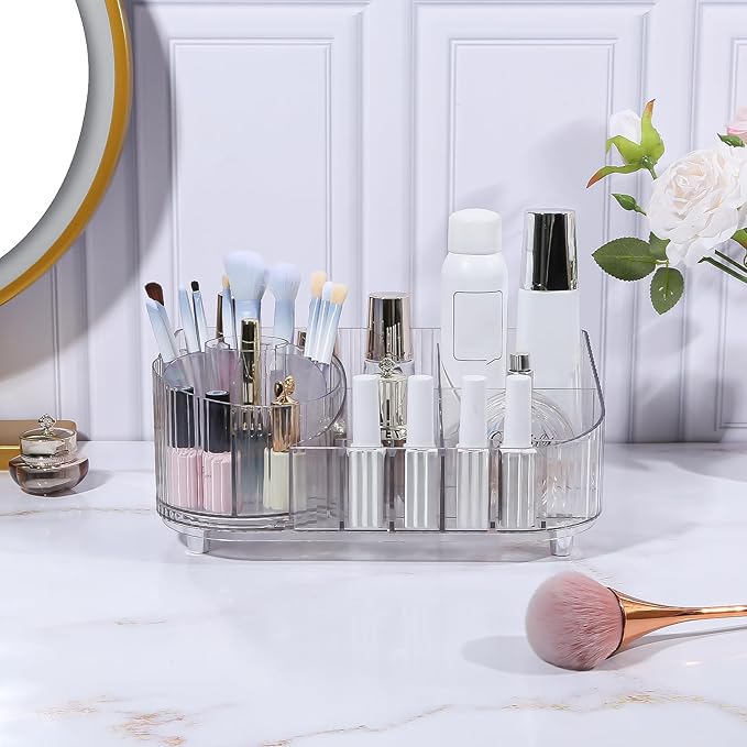 DASITON Large Capacity Makeup Organizer with 360° Rotating Makeup Brush Holder, Multi-Compartment Skincare and Cosmetic Storage for Vanity, Bathroom Countertop, Dresser, Desktop Storage Box (Clear)