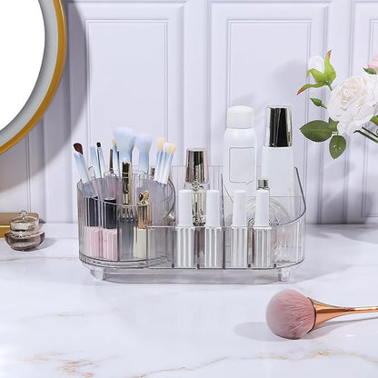 DASITON Large Capacity Makeup Organizer with 360° Rotating Makeup Brush Holder, Multi-Compartment Skincare and Cosmetic Storage for Vanity, Bathroom Countertop, Dresser, Desktop Storage Box (Clear)