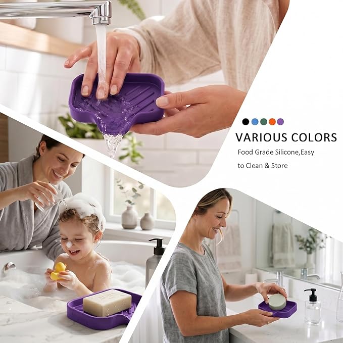 MicoYang Silicone Bathroom Soap Dishes with Drain Spout-Bathroom and Kitchen Sink Organizer,Sponge Holder,Dish Soap Tray,Perfect for Dispenser,Scrubber,Bottle,Cup on Sink or Counter-Purple 4.9"×3.2"
