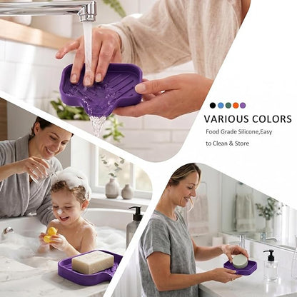MicoYang Silicone Bathroom Soap Dishes with Drain Spout-Bathroom and Kitchen Sink Organizer,Sponge Holder,Dish Soap Tray,Perfect for Dispenser,Scrubber,Bottle,Cup on Sink or Counter-Purple 4.9"×3.2"