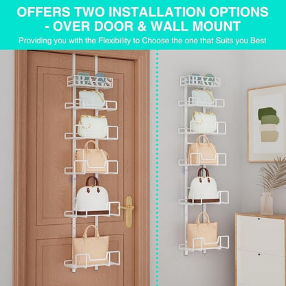 HapiRm Over Door Purse Organizer - Adjustable Purse Storage Rack with Bags Design Metal Basket, Wall Mounted Handbag Organizer, Hanging Handbag Holder, Can Use As 1/2 Part Detachable, White