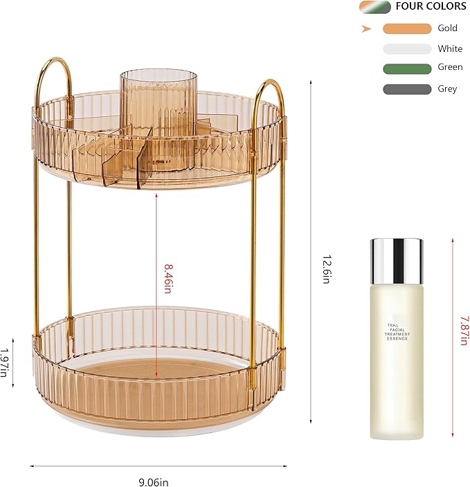 YCIA&DONE Rotating Makeup Organizer for Vanity, Large Capacity Make Up Storage Skin care Shelf Perfume Holders Cosmetic Dresser Organizer Countertop Spinning 360 (Amber Gold, 2Tiers)