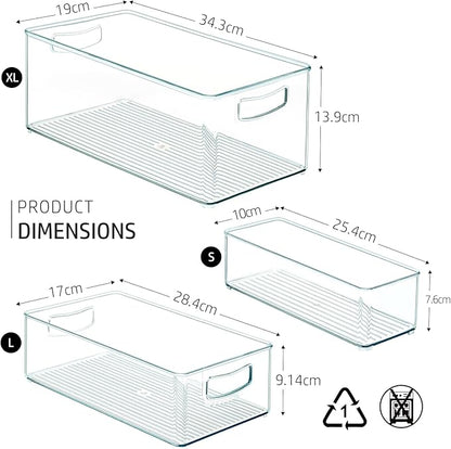 Hudgan 8 PACK Stackable Pantry Organizer Bins (3 Size) - Clear Fridge Organizer for Kitchen, Freezer, Refrigerator, Cabinet - Plastic Storage Container with Handle for Home
