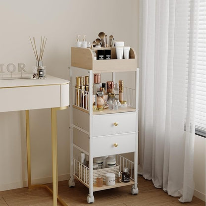 Floor Makeup Organizer Storage Cart - Rolling Makeup Cart with Drawers, Skincare Make Up Organizers and Storage, Cosmetics Display Cases Holder for Skin Care Nail Polish Perfume Makeup Brush (White)