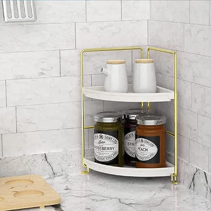 2-Tier Makeup Perfume Counter Organizer, Bathroom Corner Countertop Shelf Vanity Bedroom Storage Tray,Kitchen Spice Rack Standing Shelf(Gold,White)