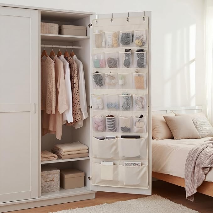 SATINIOR 19 x 51 Inch Canvas over The Door Closet Organizer with 20 Mesh Pockets 4 Large Pockets Multifunctional Closet Hanging Storage Organizer with Hooks for Pantry Laundry Bathroom Nursery