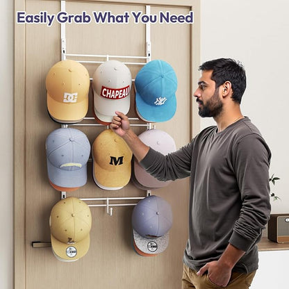 SWTYMIKI Over Door Hat Organizer - 3 Tier Metal Adjustable Wall Mounted Hat Rack with 9 Hooks Design, Hanging Baseball Cap Organizer Storage Holds up to 27 Caps for Door, Bedroom, Closet