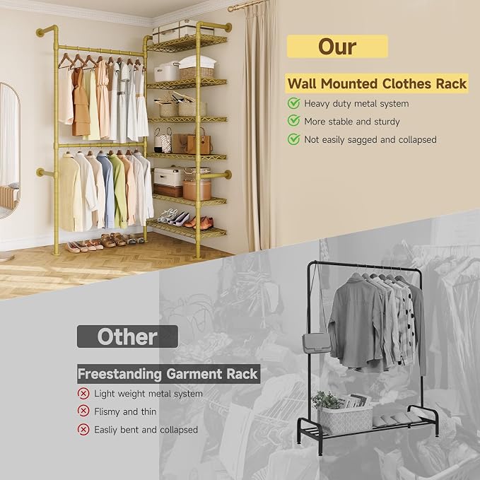 L2 Wall Mounted Closet System, Industrial Pipe Clothing Rack Clothes Racks with 2 Telescopic Rod & 6 Shelves, Heavy Duty Closet Organizers System in Wardrobe Closet, Gold