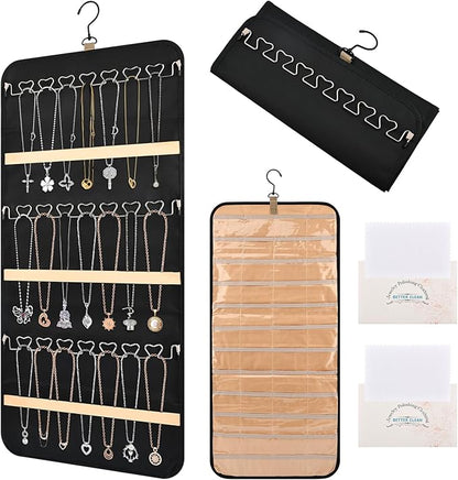 Hanging Jewelry Organizer Storage Roll with 48pcs Pocket Double Sided Rotating Hanger Necklace Hanging Wall Organizer with Hanger Hooks(COLOR:Black)