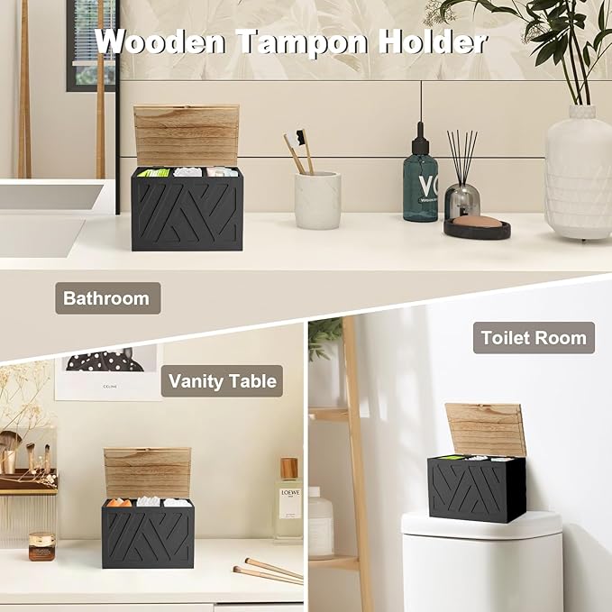 Tampon Holder for Bathroom, Feminine Product Organizer, Pad Organize Case with Lid, Shark Week Wooden Tampon Storage Decor, Lady Girl Stuff Box for Toilet Bathroom Accessories- Black
