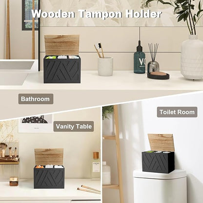 Tampon Holder for Bathroom, Feminine Product Organizer, Pad Organize Case with Lid, Shark Week Wooden Tampon Storage Decor, Lady Girl Stuff Box for Toilet Bathroom Accessories- Black