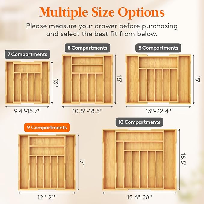 Lifewit Silverware Drawer Organizer, Expandable Utensil Tray for Kitchen, Flatware and Cutlery Holder, Wood Adjustable Storage for Spoons Forks Knives, 31-53 x 43cm, Natural