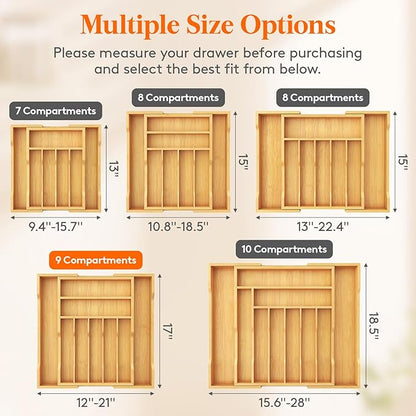 Lifewit Silverware Drawer Organizer, Expandable Utensil Tray for Kitchen, Flatware and Cutlery Holder, Wood Adjustable Storage for Spoons Forks Knives, 31-53 x 43cm, Natural