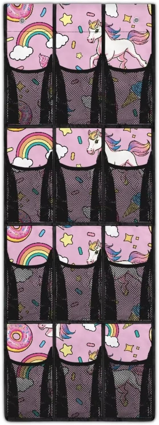 Unicorn Over Door Organizer for Stuffies Collapsible Back of Door Shoe Organizer Large Capacity 4 Shelf 12 Clear Pockets Hanging Storage Bag for Kids Toys Snacks Shoes Hats Comics