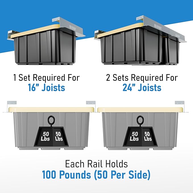 USA Based Overhead Garage Storage Rack, Connectable Heavy Duty Metal Ceiling Rails Garage Storage Organization Shelving System, Hanging Racks Tote Containers, Supports Up To 6 Bins, 4 Sets Gray