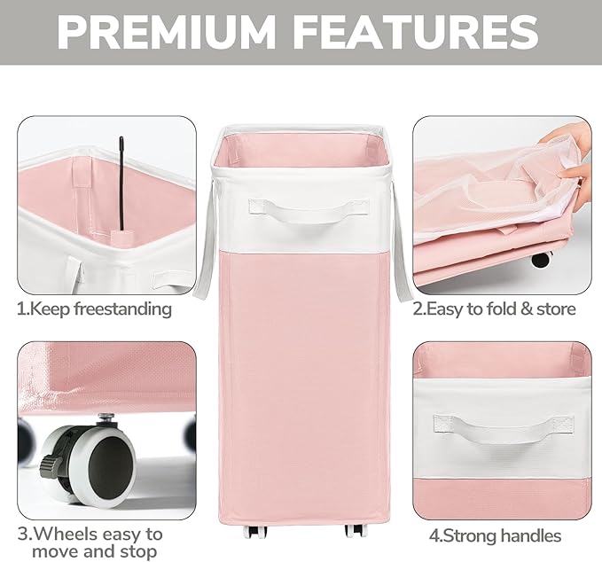 Goodpick Laundry Basket with Wheels, 75L Tall Clothes Hamper, Large Laundry Basket with Removable Wash Bag for Corner Dorm, Rolling Hamper, Pink&White