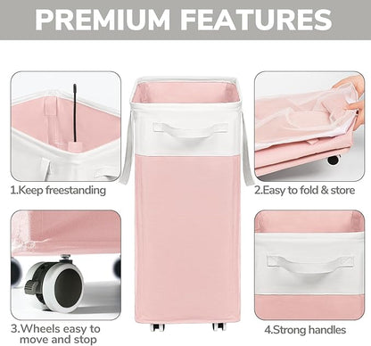 Goodpick Laundry Basket with Wheels, 75L Tall Clothes Hamper, Large Laundry Basket with Removable Wash Bag for Corner Dorm, Rolling Hamper, Pink&White