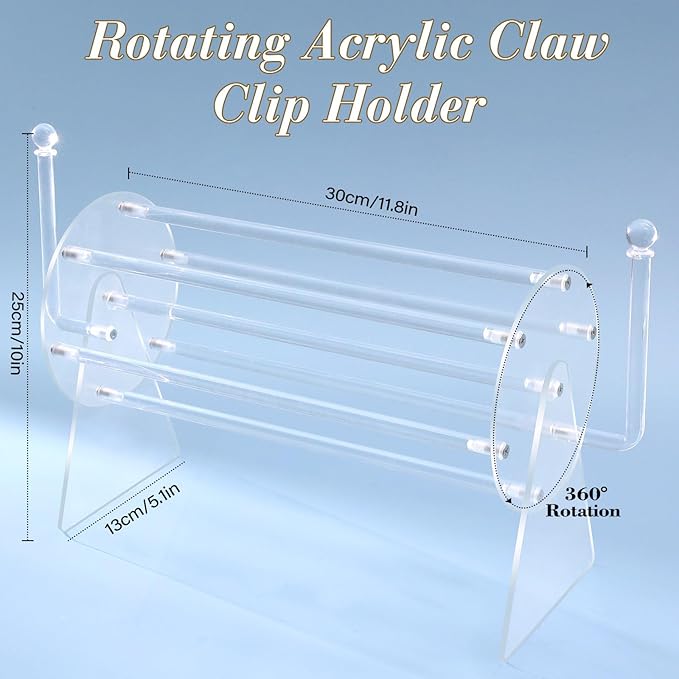 SNOWSTAR Acrylic Claw Clip Organizer Holder,360-Degree Rotating Claw Clip Holder and L-Type Storage,Hair Clip Organizer Display Clear Stand for Women and Girls