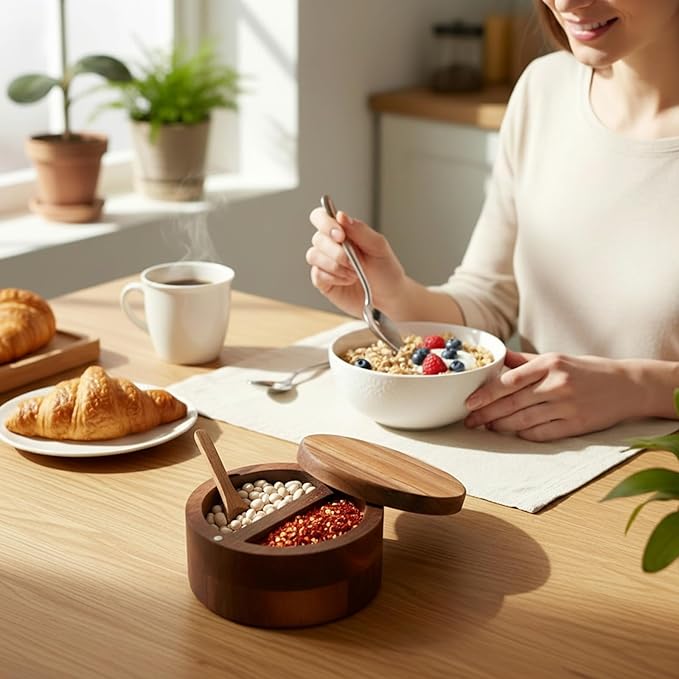 2pcs Acacia Wood Salt and Pepper Bowl 12 oz Salt Cellar with Swivel Lid & Spoon SaltContainer Holder Elegant Seasoning Bowl Container for Kitchen Storage Spice Favorite Seasonings