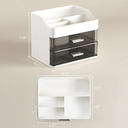 HBlife Makeup Organizer for Vanity with 2 Drawers, Large Plastic Bathroom Countertop Cosmetics Organizer Skin Care Storage, Easy to Store Lipsticks, Nail Polishes, Perfumes, Eyeshadow Palettes, White