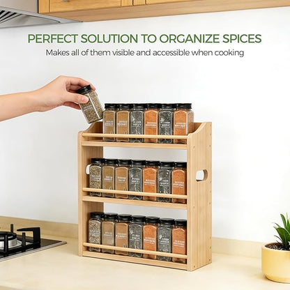 Bamboo Spice Rack Organizer, 3 Tier Spice Storage Rack with Handles, Wood Seasoning Jars Shelf for Kitchen Counter, Pantry or Wall Mounting
