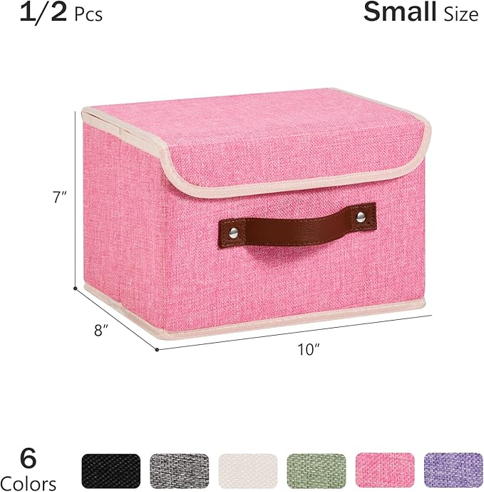 Storage Bins Box with Lids Decorative Cotton Linen Fabric Baskets Cubes with Handles PP Plastic Board Foldable Washable Lidded Clothing Shelf Closet Organizer Container (Pink, Small)