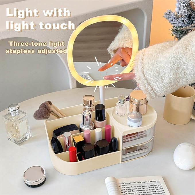 DASITON Makeup Organizer with Rechargeable Mirror,Makeup Brush Holder with 2 Drawers,Skincare and Cosmetics Organizer Countertop,Large Capacity Cosmetic Display Case for Vanity,Bedroom,Bathroom(Cream)