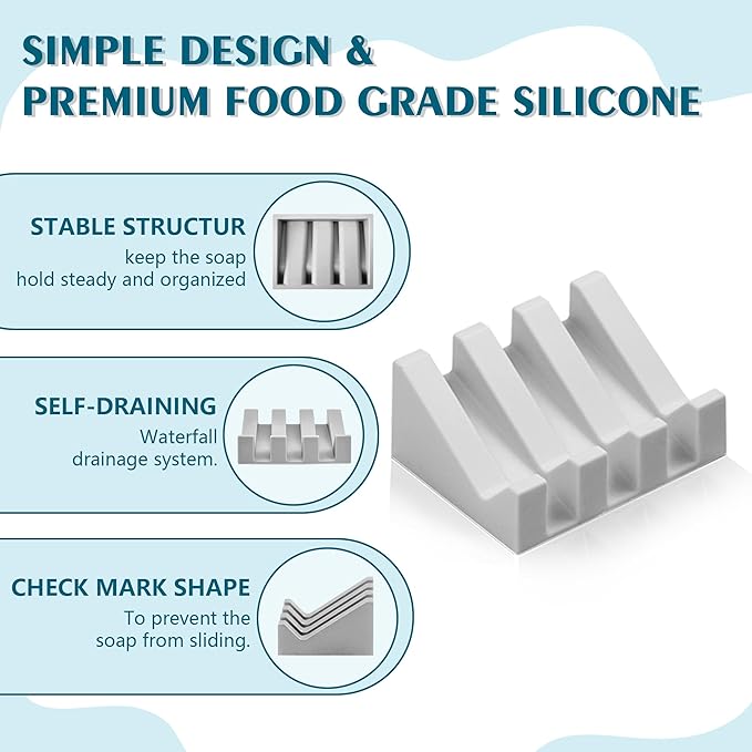 Self Draining Soap Dish Holder,Silicone Soap Dish,for Bathroom,Kitchen, Sponges，Can Extend Soap Life，Keep Soap Bars Dry and Easy Cleaning (Light Grey,2-Pack)