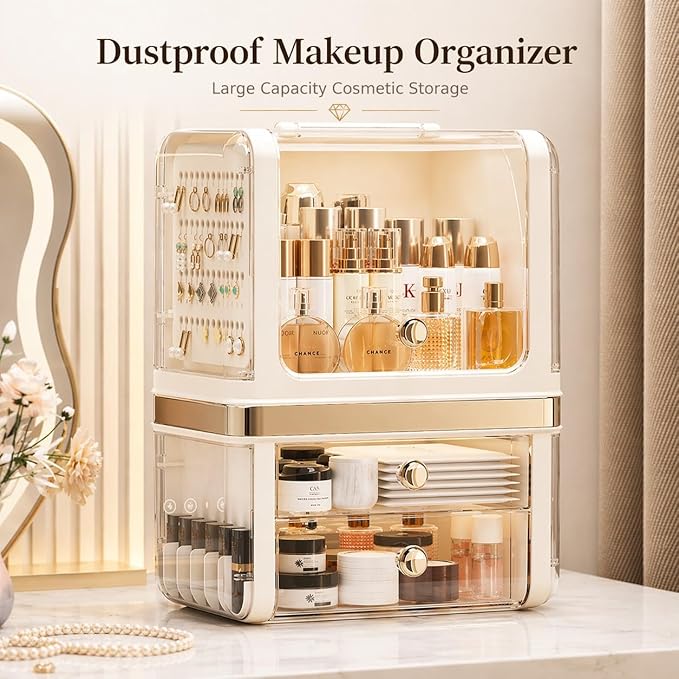 Makeup Organizer with Drawers, Large Acrylic Dustproof Cosmetic Storage Box with Lid, 2-Layer Vanity Organizer for Skincare, Perfume & Bathroom Countertop (28.5 × 20 × 38 cm)