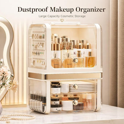 Makeup Organizer with Drawers, Large Acrylic Dustproof Cosmetic Storage Box with Lid, 2-Layer Vanity Organizer for Skincare, Perfume & Bathroom Countertop (28.5 × 20 × 38 cm)