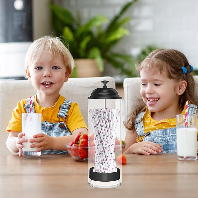 Straw Holder for Counter, Straw Dispenser Organizer for Standard Size Drinking Straws, Acrylic Plastic Straws Container Dispenser Storage for Counter with Lid Black(1 or 2 PACK) (2 Packs)