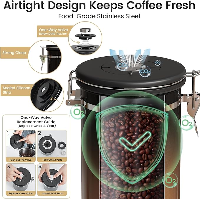 Veken Coffee Canister with Window,Airtight Stainless Steel Kitchen Food Storage Container, Date Tracker & Scoop for Grounds Coffee, Beans, Tea,Flour,Cereal,Sugar,22OZ,Copper