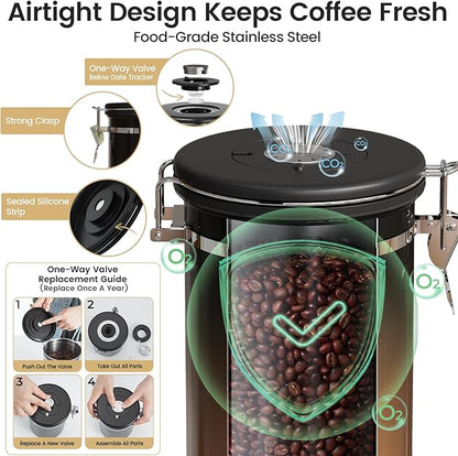 Veken Coffee Canister with Window,Airtight Stainless Steel Kitchen Food Storage Container, Date Tracker & Scoop for Grounds Coffee, Beans, Tea,Flour,Cereal,Sugar,22OZ,Copper