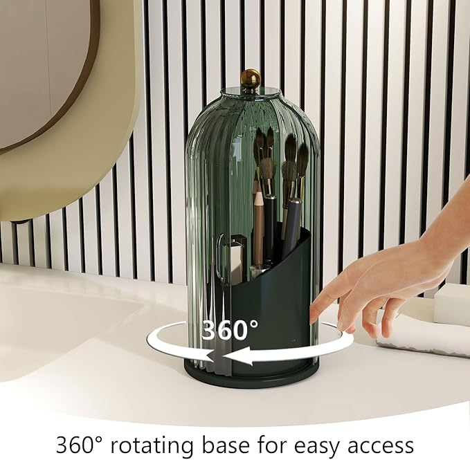 Makeup Brush Holder with Dustproof Cover 360 Rotating Makeup Brush Organizer for Vanity Bathroom, All Green
