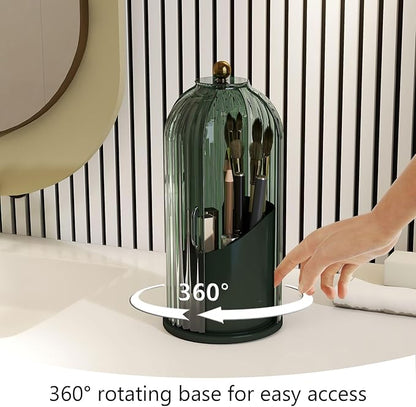Makeup Brush Holder with Dustproof Cover 360 Rotating Makeup Brush Organizer for Vanity Bathroom, All Green
