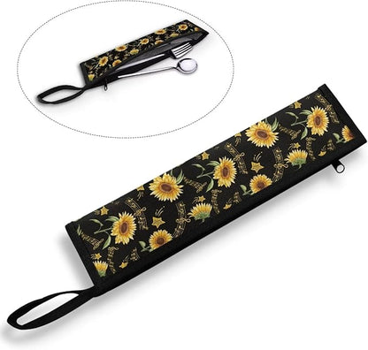 COEQINE Sunflower Silverware Case for Travel Multi-use Storage Bag With Music Note Flatware Organizer Lightweight Leafproof Portable Black Dustproof Case for Work Outdoor