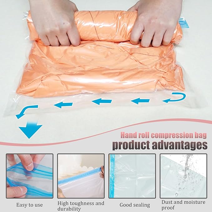 5 Pack Travel Roll up Compression Bag 20 x 28 Inch, Hand-Rolled Packing Vacuum Seal Bags for Travel, Room Saver Vacuum Storage Zipper Bags, Bring Clothes for Luggage Clothing