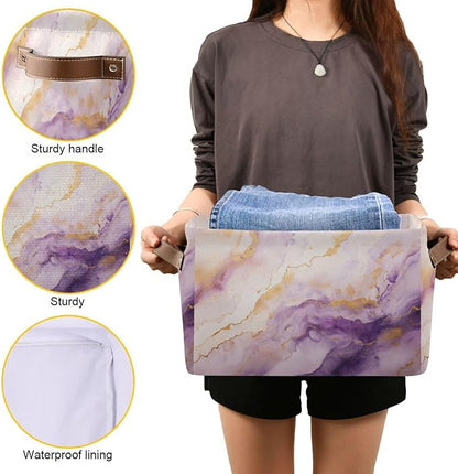 Large Storage Basket Purple Gold Marble Storage Bin Cube Canvas Fabric Organizer Handles Collapsible for Clothes Toys Bedroom Decorative