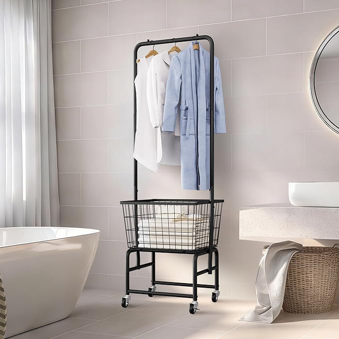 Rolling Laundry Cart with Wheels, Laundry Hamper Basket Organizer with Clothes Hanging Rack, Wire Storage Cloth Shelf Butler, Black