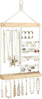 Mkono Hanging Jewelry Organizer Wall Mounted Earring Holder Metal Necklace Holder Wood Shelf with 55 Holes and 7 Hooks Display Rack For Storage Bracelet Rings Ear Studs Accessories Women Bedroom Decor