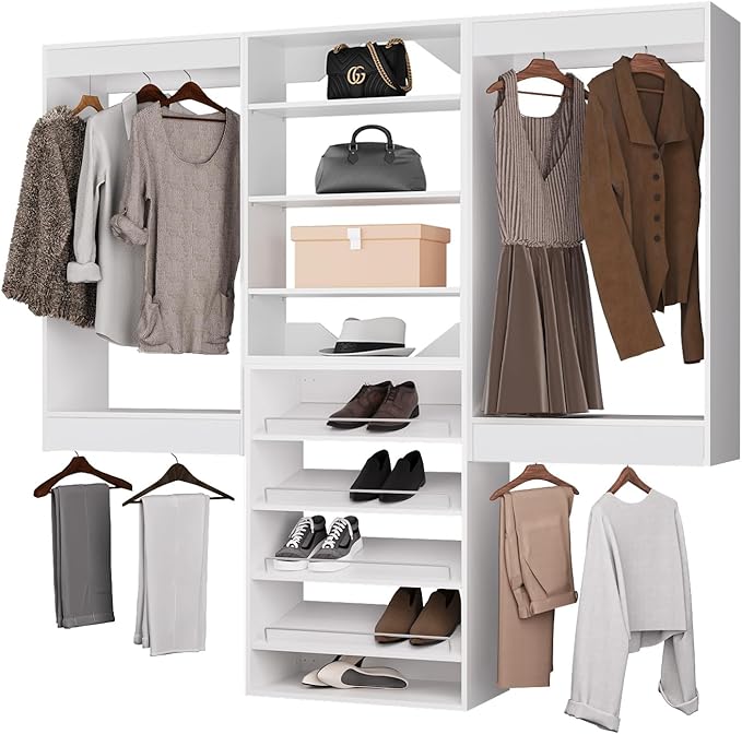 ROOMTEC Modular Closet System, 102" Wall Mounted Closet Organizer with Hanging Rods and Shoe Shelf, Wooden Tower for Walk-In Closets, Wardrobe Storage Kit, White